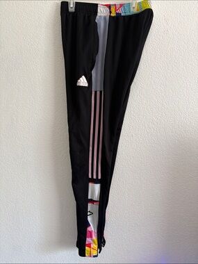 Adidas mens Black Track Pants with Pink Stripe and Multicolor Waist